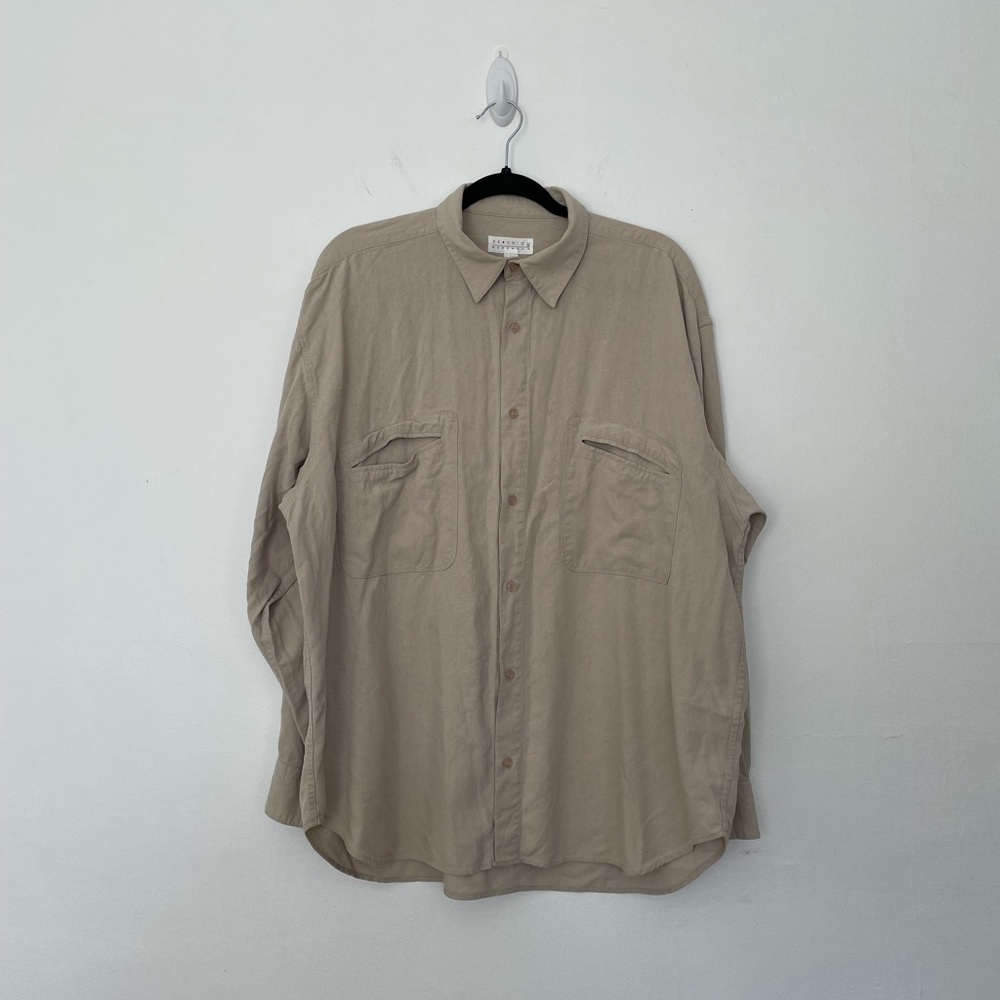 Vintage raw silk button up size 1X mandarin collar beige silk noile plus size
